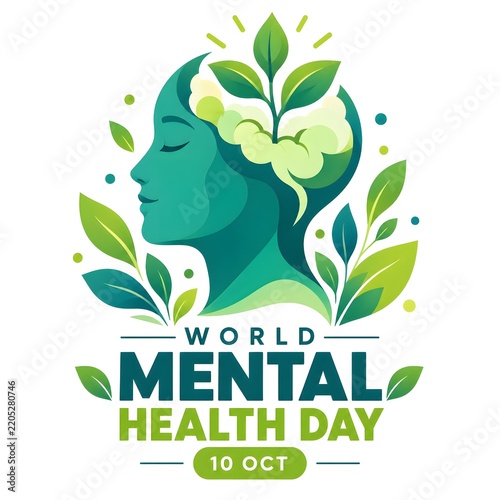 World Mental Health Day illustration with human profile silhouette and green leaves design