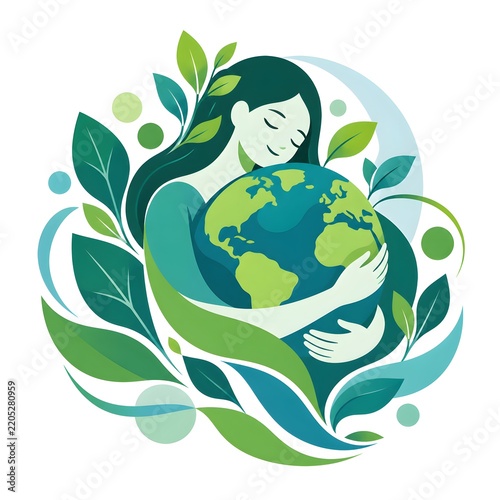 Woman holding and hugging the planet earth surrounded by green leaves for environmental care