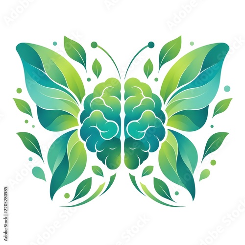 Green butterfly with human brain wings made of leaves representing nature and mental health