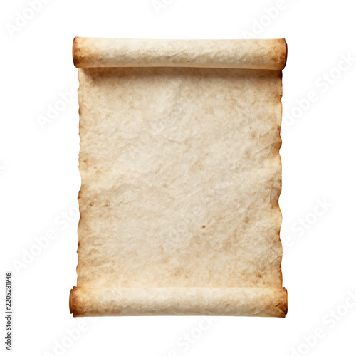 Ancient rolled parchment with burnt edges and textured surface on white background