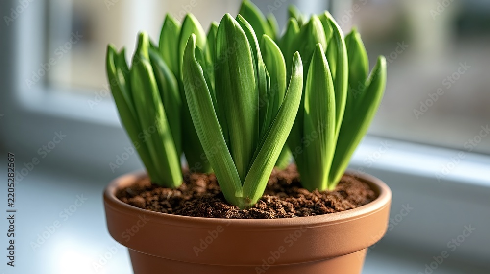 Fototapeta premium Young hyacinth plant with vibrant green shoots emerging from rich brown soil in a terracotta pot, thriving by a brightly lit window, symbolizing spring, new life, and home gardening