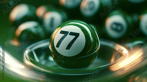 Green lottery ball numbered 77 sits in a drawing machine among blurred balls, close up symbolizing luck, chance, jackpot hopes and anticipation of a winning draw