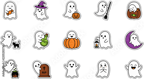 Halloween ghost stickers with various Halloween themed designs
