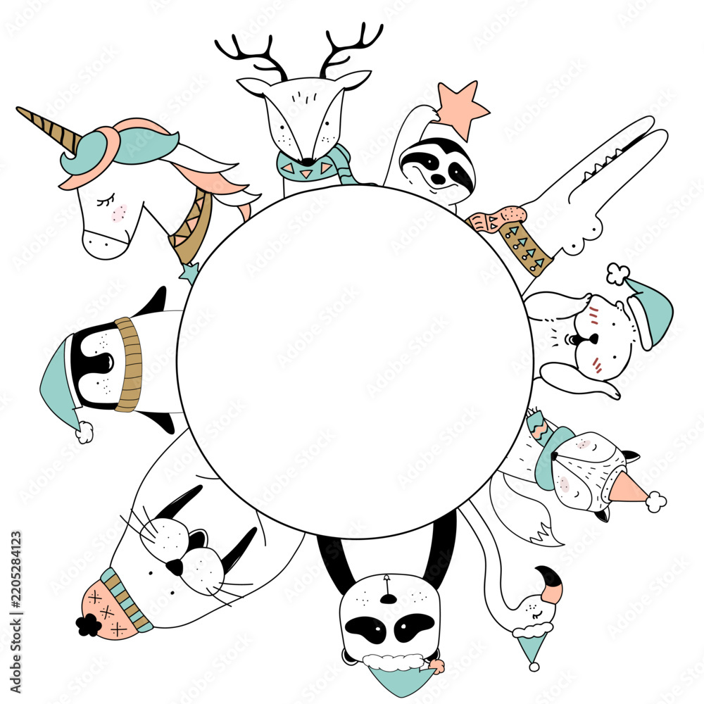 Obraz premium Hand drawn animals enjoying a Christmas holiday