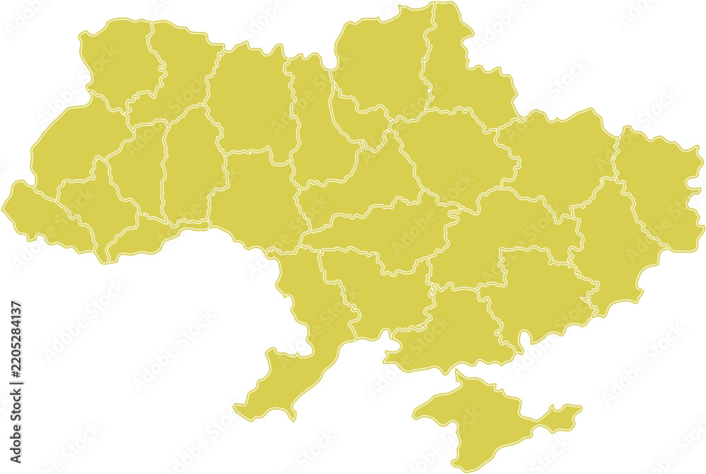Fototapeta premium Ukraine Map with Regional Administrative Borders in Yellow Isolated on White Background
