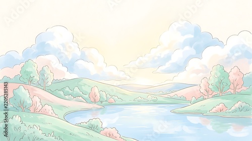 Serene Anime Style Nature Background with Peaceful Lake Rolling Hills and Soft Clouds Illustration
