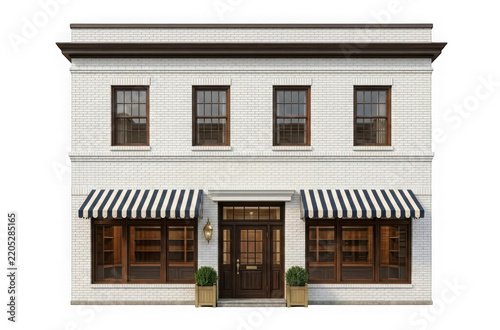 Twostory white brick storefront building with blue striped awnings isolated on transparent background