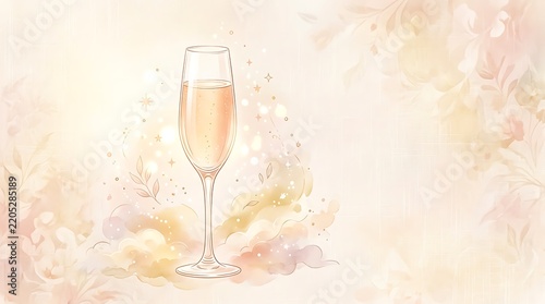 Elegant Champagne Flute Illustration with Sparkling Bubbles and Soft Floral Patterns on Pastel Background