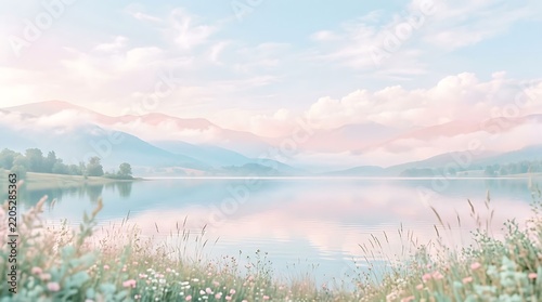 Serene mountain lake at dawn with misty hills and wildflowers in beautiful pastel pink and blue