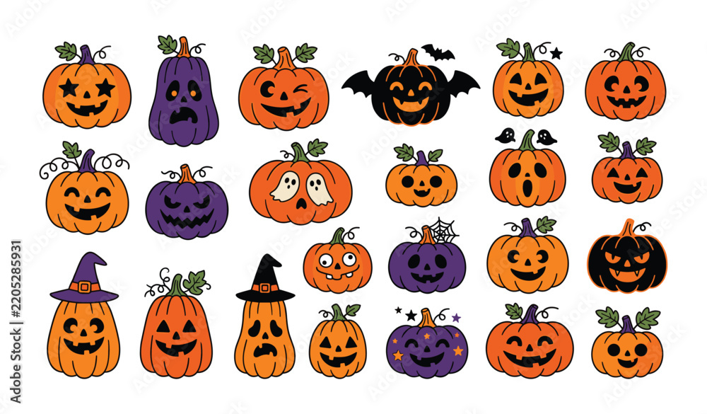 Fototapeta premium Set of cute halloween pumpkin characters with various faces and decorations jack o lantern pumpkin face halloween icon trick or treat halloween
