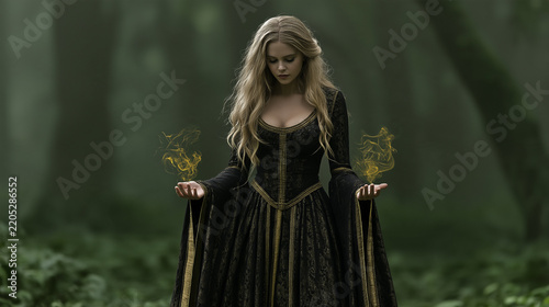 Mystical Blonde Sorceress Summoning Golden Magic in an Enchanted Forest