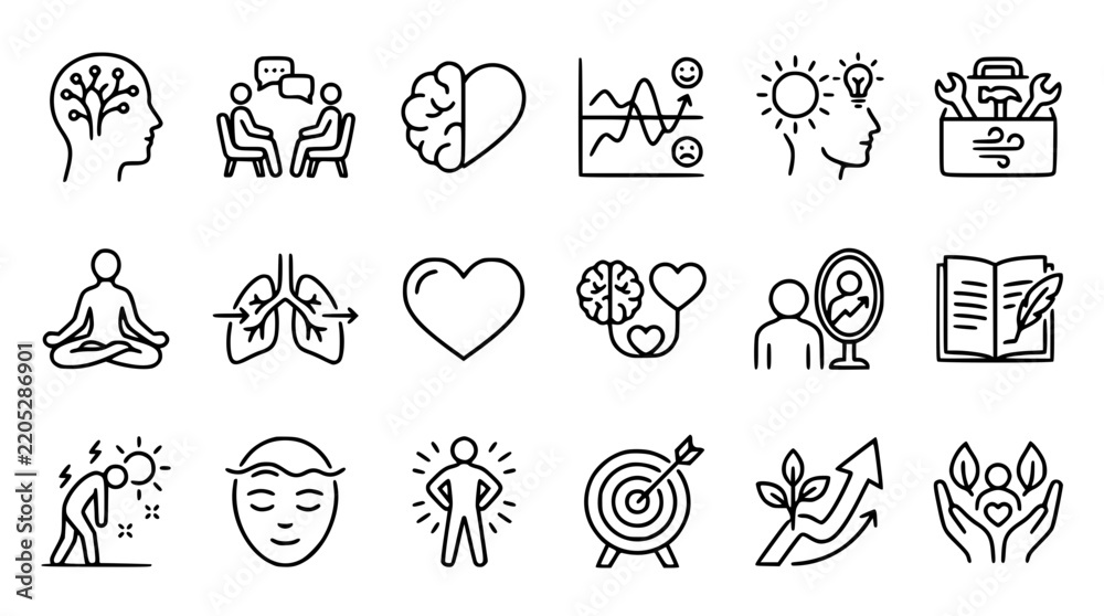 Fototapeta premium Mental Health Psychology and Personal Growth Line Icon Set Featuring Counseling Meditation Self Reflection Stress Relief Lungs and Emotional Balance Symbols