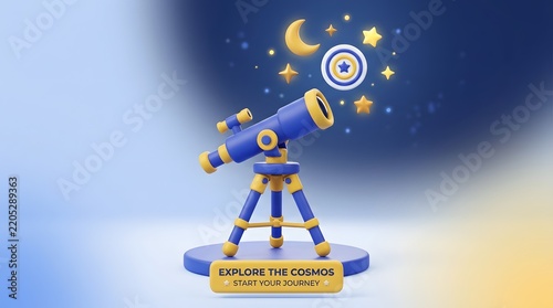 Telescope device pointed toward glowing stars and crescent moon representing astronomy and scientific exploration.