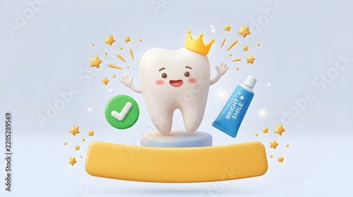 Cute cartoon tooth character wearing a crown alongside a toothpaste tube and green checkmark symbol.