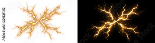 Gold lightning bolt of crackling electric energy branching across the frame PNG isolated on transparent background
