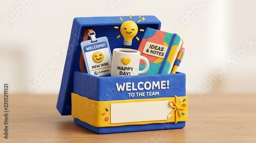 Welcome box filled with corporate onboarding items and office supplies on a wooden desk.