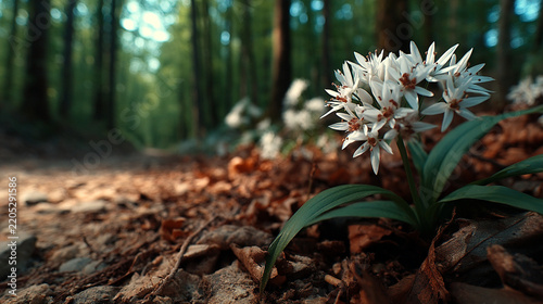 Blooming white wild garlic flowers in a spring forest covered with dry brown leaves