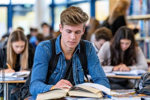Students study quietly in a modern school library with natural light filling the space