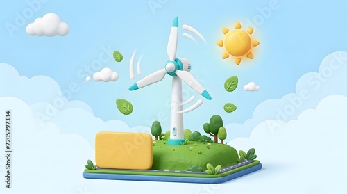 Wind turbine generating green energy on a miniature landscape with sun and clouds in 3D clay style.