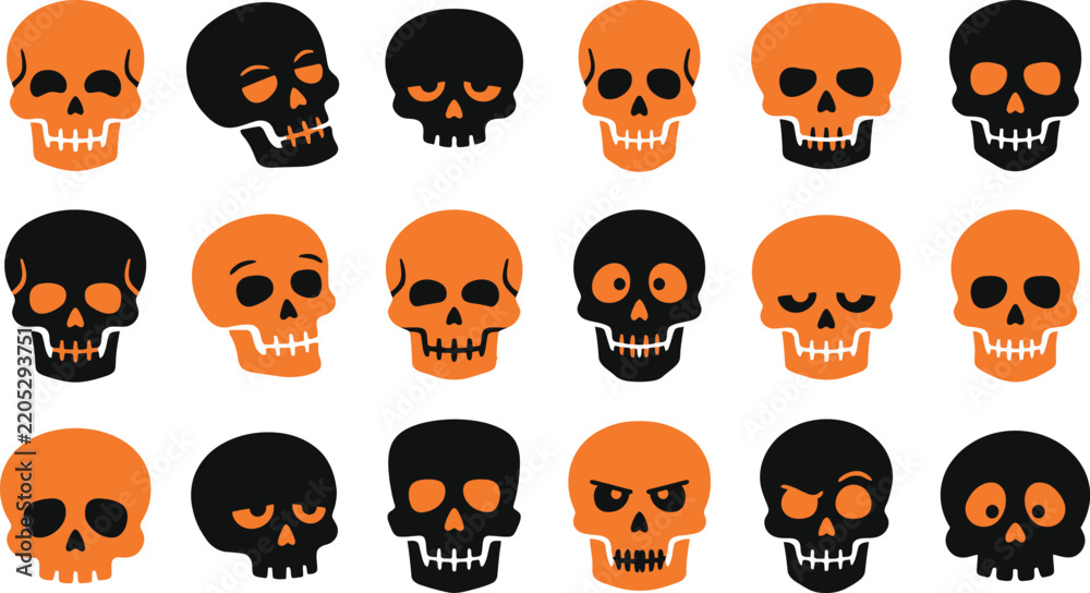Obraz premium Collection of colorful skull illustrations in various poses and shades of orange and black