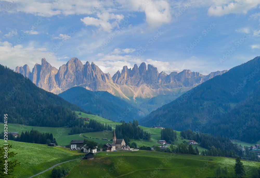 Obraz premium View of Val di Funes with the Chruch of Santa Maddalena in the Dolomites Mountains. Italy 