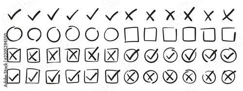 Check tick mark icon set, hand drawn cross box x check mark checkbox v, sketch marker checklist symbol right and wrong set, brush marke