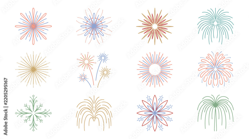 Obraz premium Colorful Fireworks Vector Icons Set Festival Firework Burst Pyrotechnics Spark Isolated