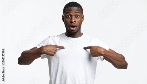 Surprised Black Man Pointing at Himself Isolated on White