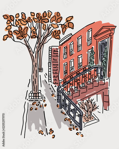 Fall New York Street vector sketch