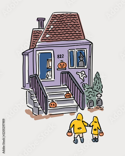 Halloween house decorations, hand drawn vector sketch of spooky house front view