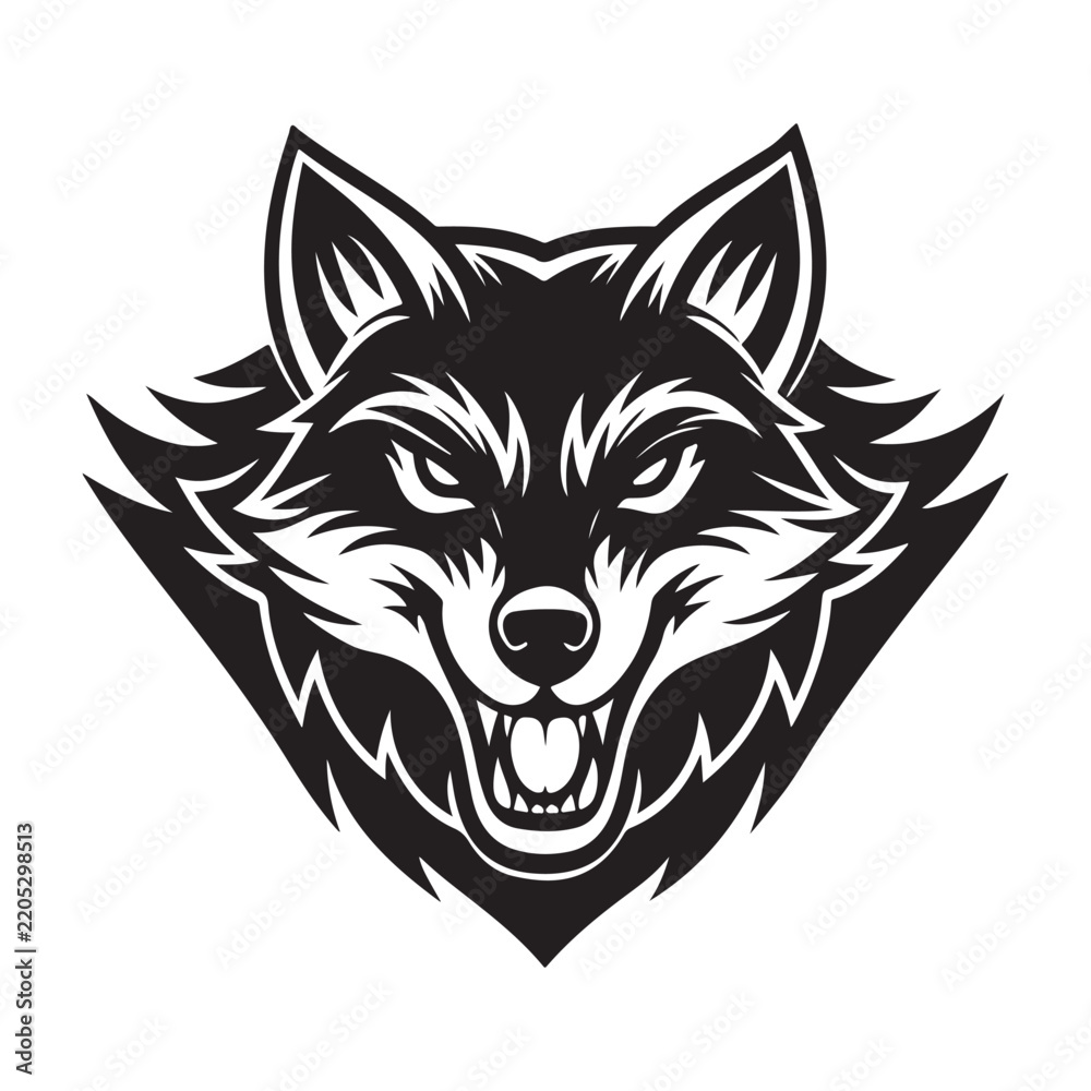 Obraz premium Black and white fierce wolf head graphic design illustration isolated
