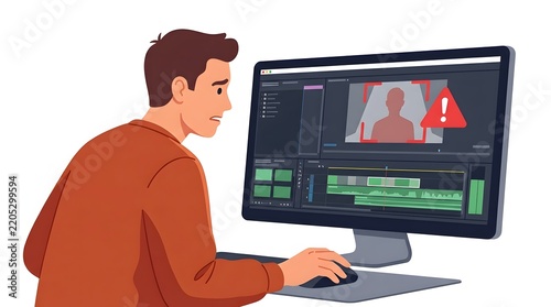 Worried man looking at error alert on video editing software interface screen