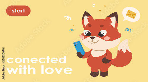 A cute fox is holding a smartphone and reading a message. A sweet animal character design perfect for dating app graphics, romantic messaging illustrations, and Valentine's Day social media posts.