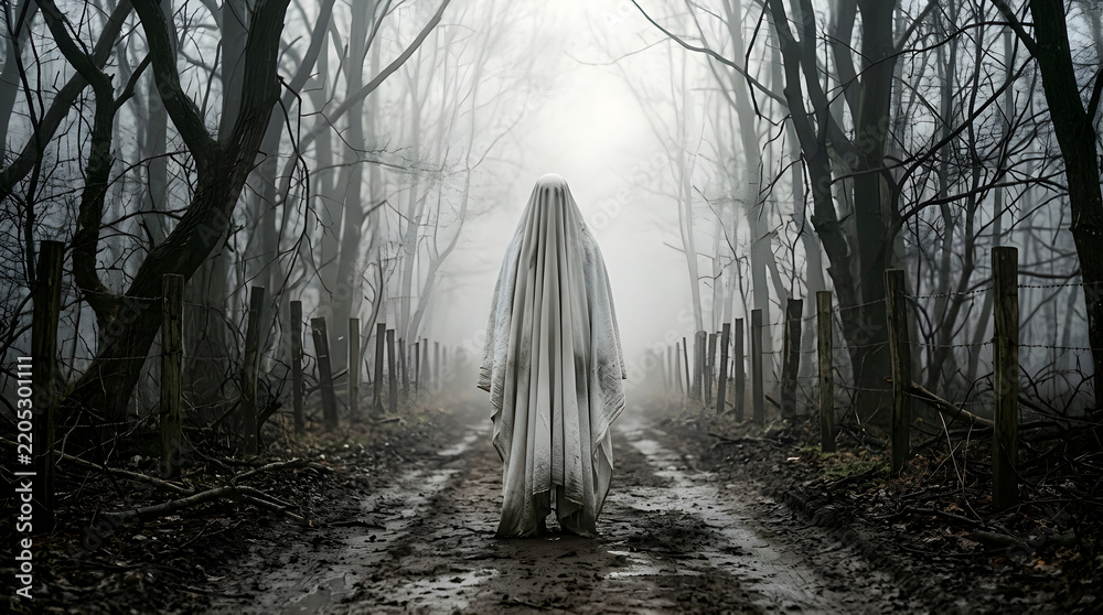Obraz premium Ghost photo in foggy forest, spooky spectral figure standing on a muddy path between bare trees in a misty dark woods environment for Halloween themes