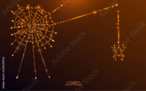 Glowing neon Halloween vector elements featuring a complex web and hanging spider on dark background. Perfect for spooky graphic designs and seasonal projects.