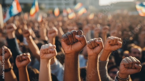 Diverse crowd of people raising fists in solidarity during a public protest. Powerful concept for unity and social.