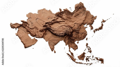3D Topographic Relief Map of Asia with Mountain Ranges and Elevation Isolated on White Background