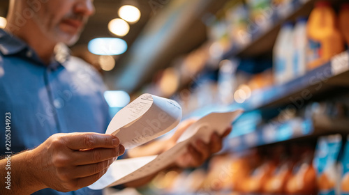 Faceless man looking shocked while reading a long grocery receipt in a supermarket, rising food prices and inflation concept, with copy space