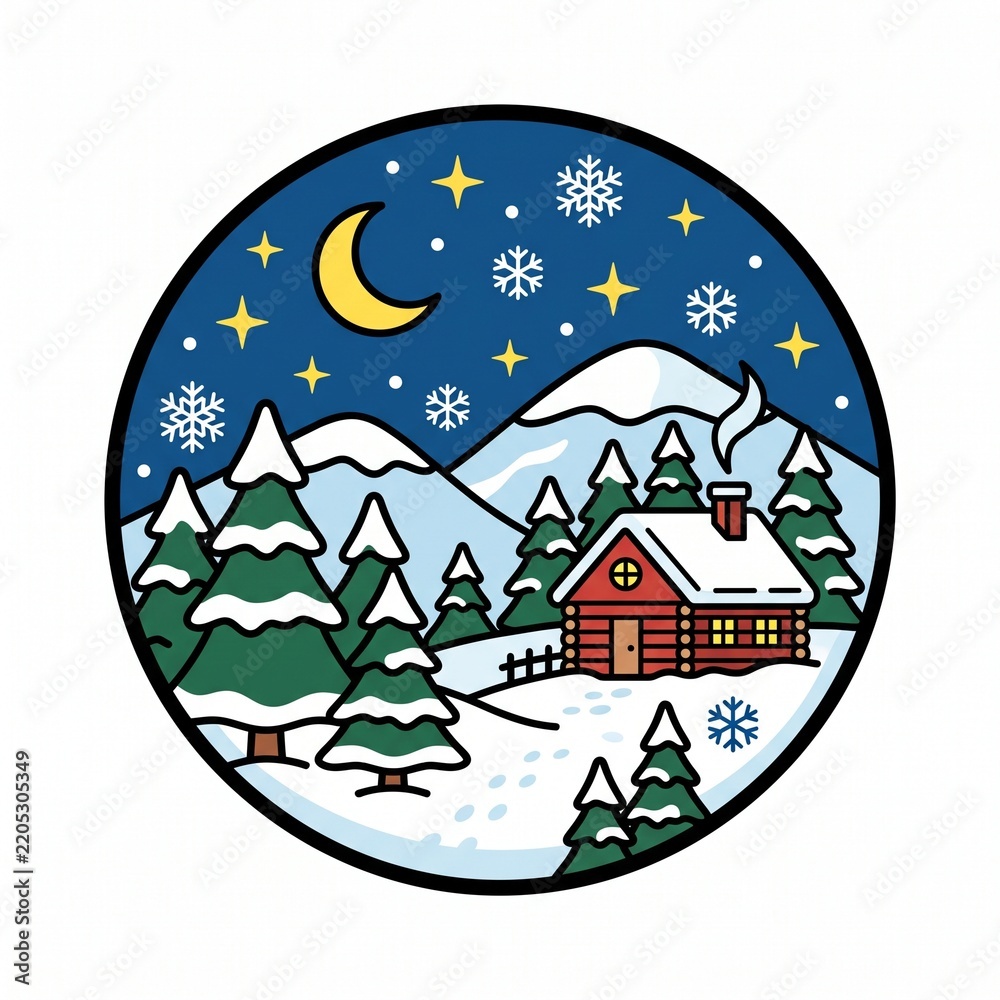 Obraz premium A cozy log cabin nestled in a snowy mountain forest under a starry night sky with a crescent moon, framed in a circular vector emblem design.