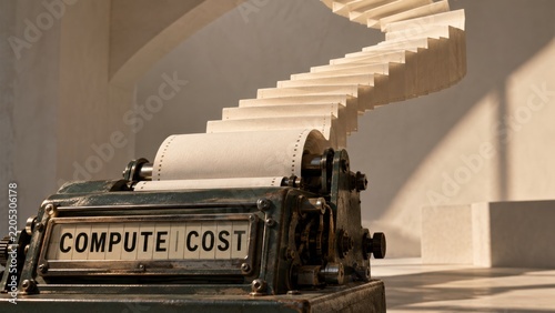 Vintage printing machine with compute cost text and paper roll