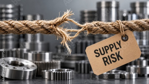 Fraying rope with supply risk tag over industrial metal gears