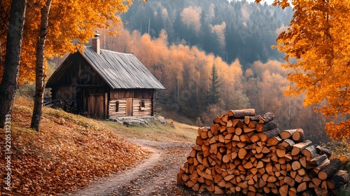 A stack of firewood next to a cozy cabin with autumn trees