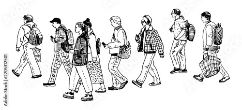 People crowd, casual city pedestrians walking down urban street, side view, realistic outline vector hand drawn illustration, white background