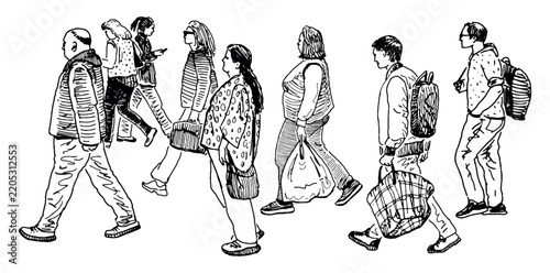 People crowd, casual city pedestrians walking along urban street, side view, realistic outline vector hand drawn illustration, white background