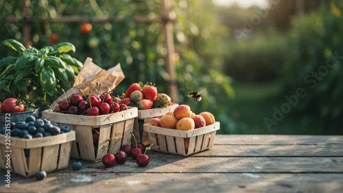 Wooden table displaying fresh berries and summer harvest