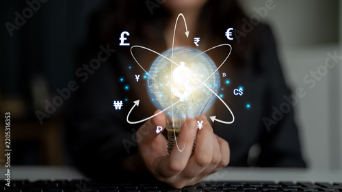Foto Conceptual image of global finance with a glowing light bulb and currency symbols representing innovation in money management and economic growth