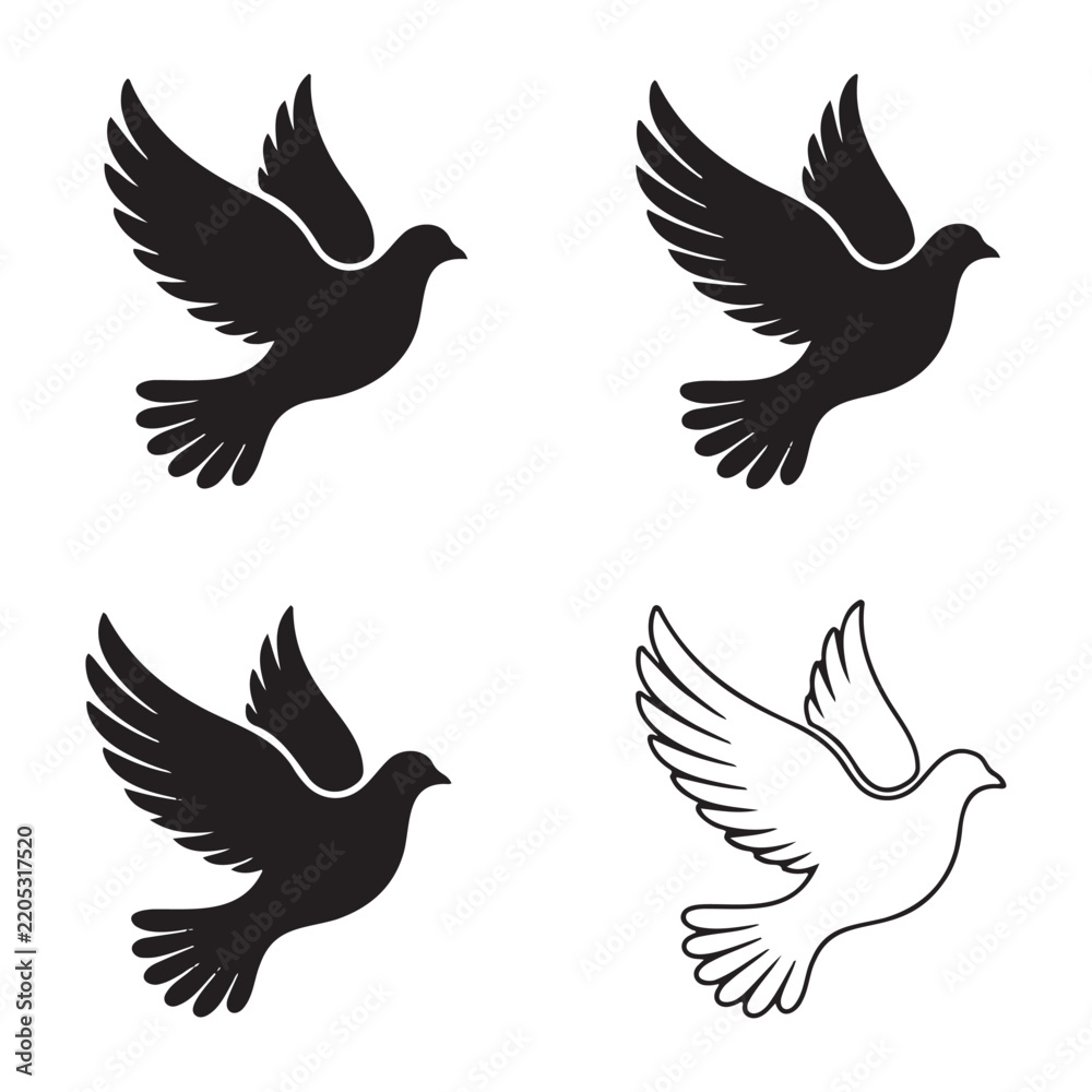 Fototapeta premium Set of flying dove silhouettes in solid black and outline styles with bird shape