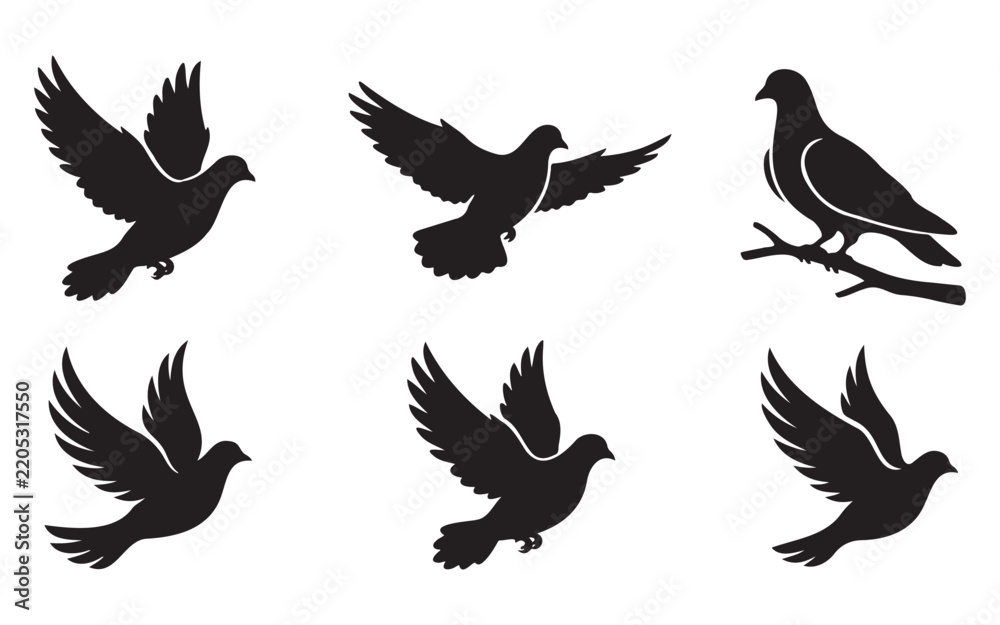 Fototapeta premium Set of six flying and perched dove silhouettes in black with dove silhouette