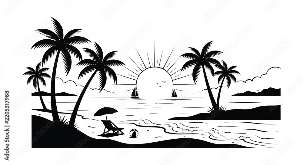 Fototapeta premium Tropical beach scene with palm trees and sailboats black silhouette style