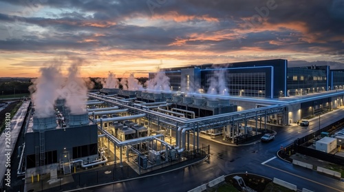 Panoramic view of a data center's rooftop cooling infrastructure with steam rising against a vivid orange and blue sunset sky